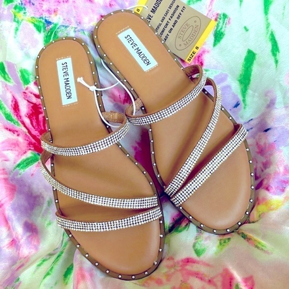 Brand New Steve Madden Rhinestone Multi Strap Slides Sandals Sparkle Studded - Picture 1 of 11
